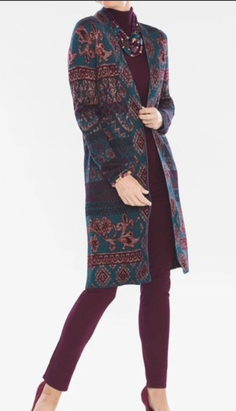 Chico’s Metallic Floral Tapestry Jacquard Open Front Duster Cardigan
